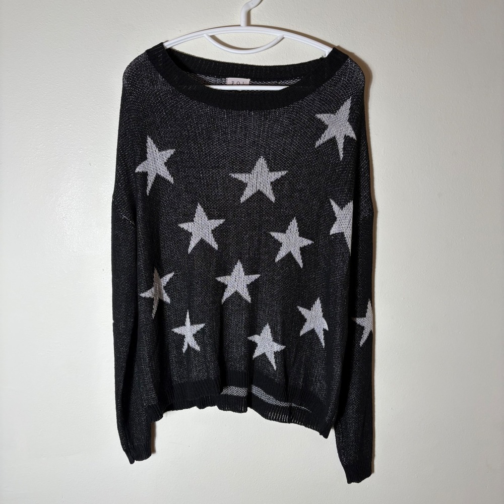 POL Black Star‎ Print Sheer Knit Sweater Size Large